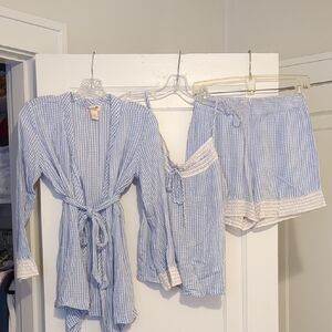 Blue Gingham Rayon Women's Vintage Style Sleepwear Set Shorts Cami Robe Small
